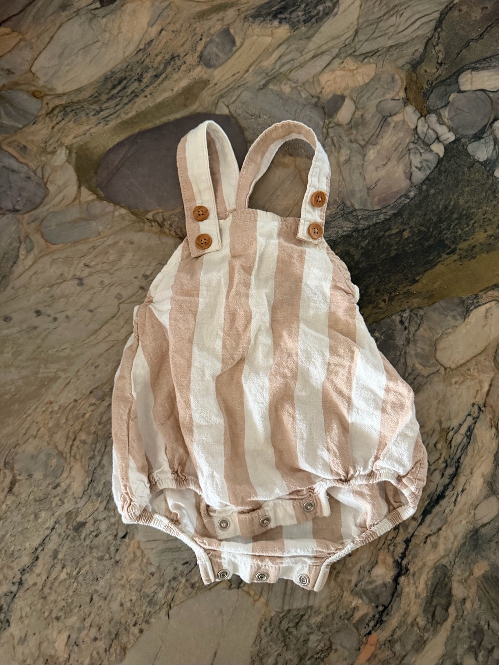 Striped Cotton Baby Romper — Beige & White